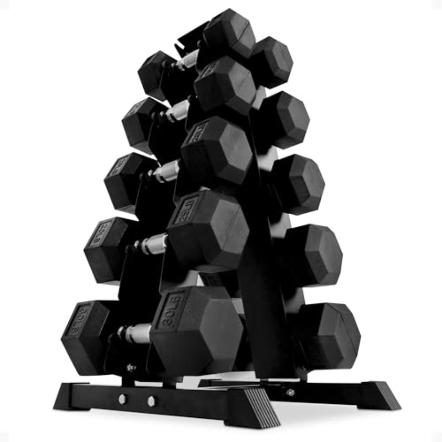 Home Gym Body Solid - Gummibeschichtetes Hex-Hantelset mit A-Frame-Ständer, schwarzes, massives
